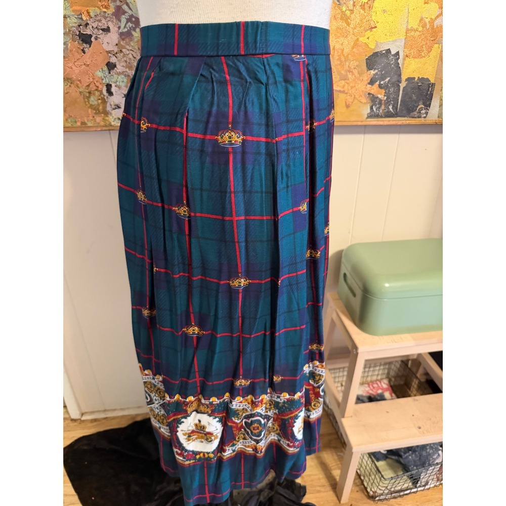 Vintage Koret Plaid Crown Crest Midi Skirt Teal Red Pleated Made in USA NWT 14